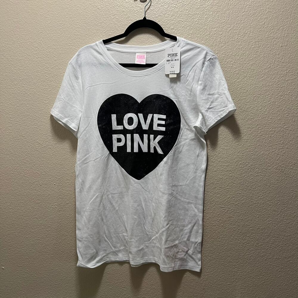 Victoria's Secret PINK Originals White Sparkle Heart Short Sleeve T-Shirt Size M - Picture 3 of 7
